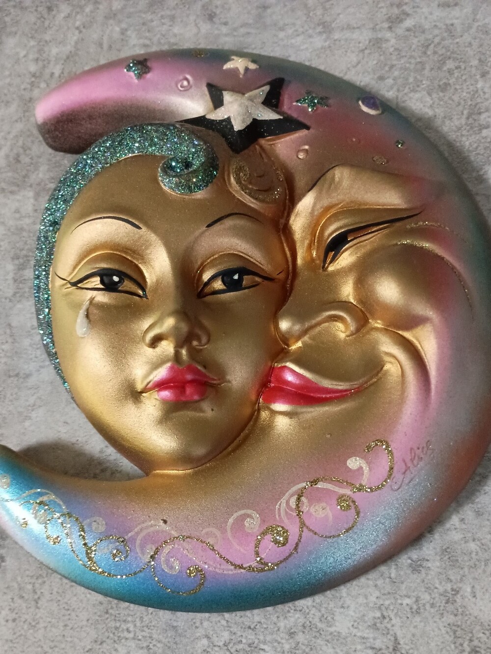 Hand Painted Glitter Moon & Sun Wall Plaque - Gold, Pink, Teal